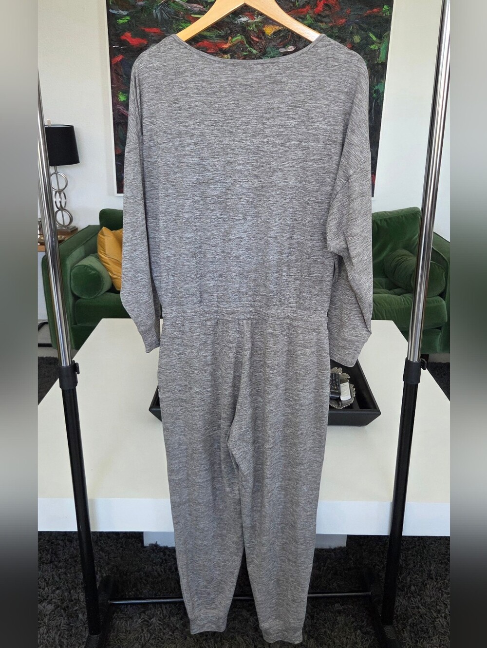 Vuori Lux V-Neck Jumpsuit Long Sleeve, Heather Gray - Drawstring + Side Pockets - Picture 5 of 6